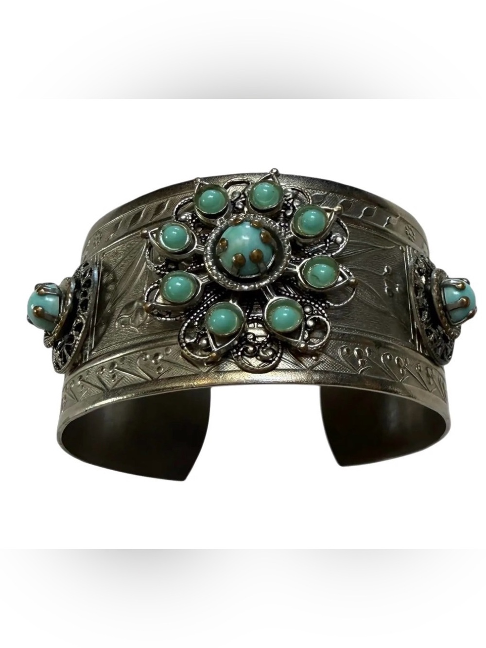 Vintage Silver Plated Cuff With Turquoise Colored Beads and Scrollwork